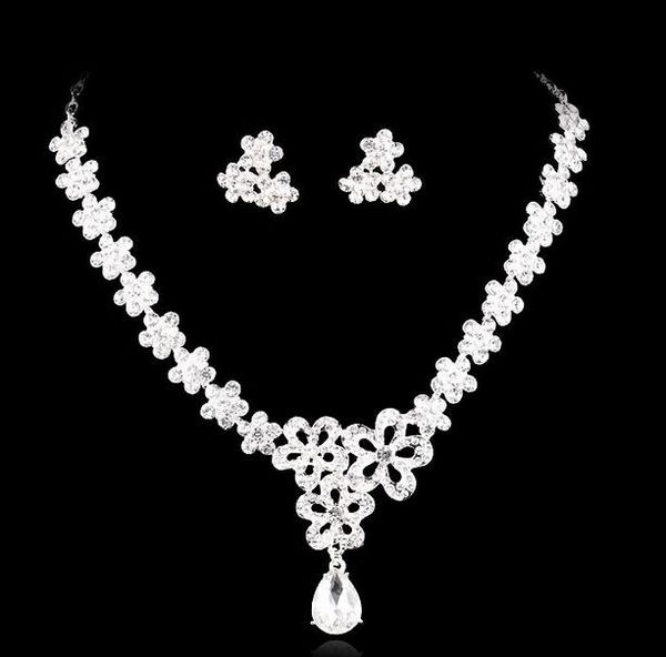 Colar e Brinco Cristal Bridal Jóias Prata Banhado Necklace Brincos De Diamante Jóias De Casamento Conjuntos de Jóias para Noiva Principais Mulheres HT63