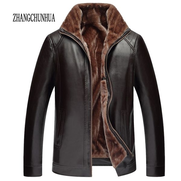 

wholesale- zhangchunhua winter leather jacket 2017 men's casual fashion jackets zipper faux fur men coat plus size 100 kg, Black