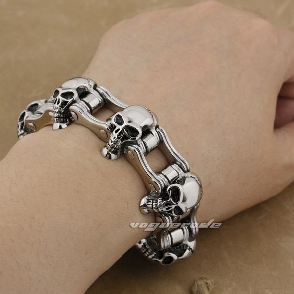 

8.7" solid 316l stainless steel skulls mens biker rocker bracelet 5f006, Black
