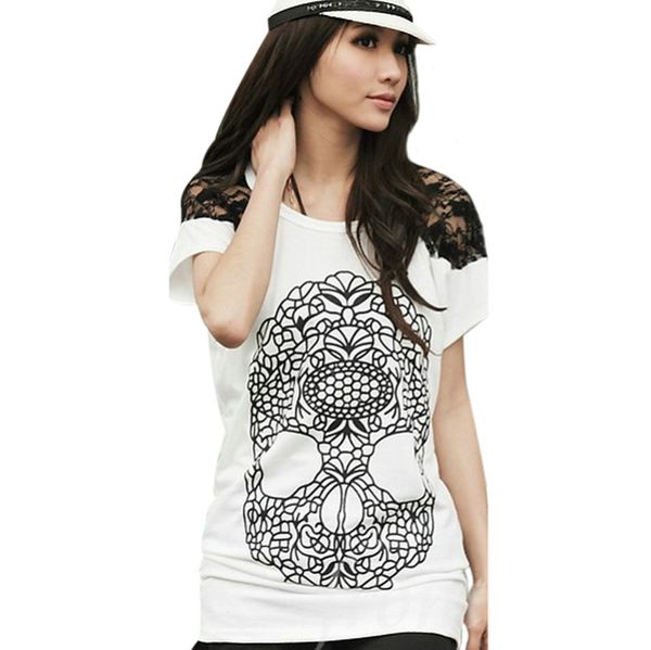 

t-shirt sleeve shoulder blouse shirt wholesale-cotton lace tee skull print women short for women qqwgt, Black