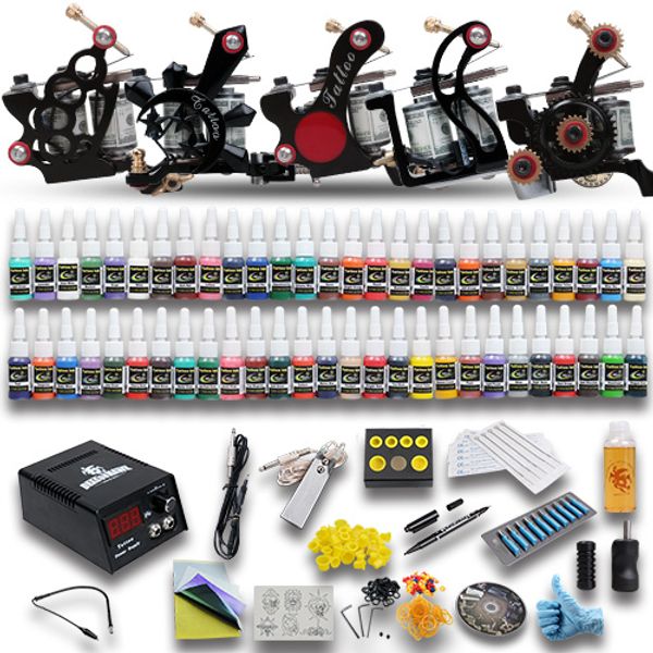 

complete tattoo kits 5 pcs tattoo machine guns 54 colors inks sets power supply needles starter kit d179gd-6