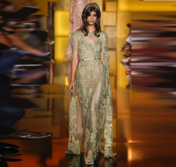 Elie Saab 2016 Золото Пром Платья Sheer Видеть Сквозь Блестящие Аппликации Вечерние Платья С Плащом На Заказ Формальные Платья Партии Взлетно-Посадочной Полосы