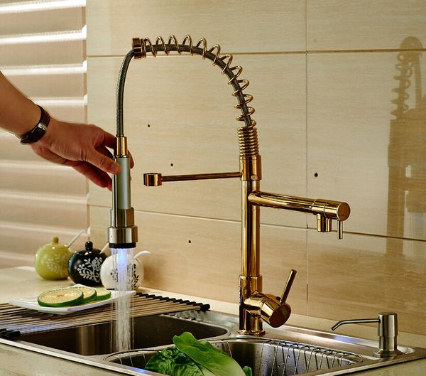 

led golden deck mounted kitchen faucet spring sink mixer tap single handle