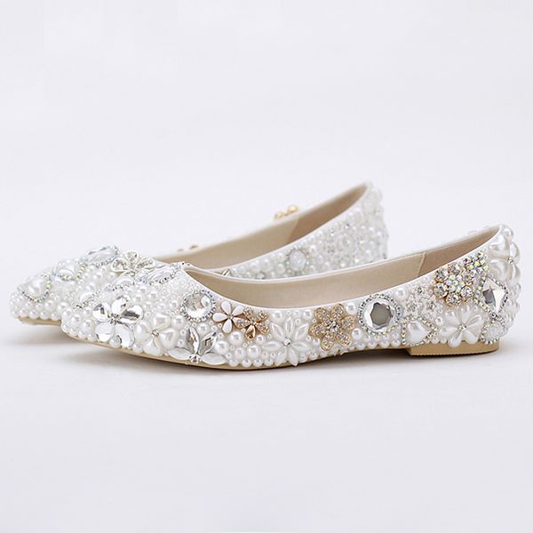 Beatiful Flat Heel White Pearl Wedding Shoes Comfortable Crystal