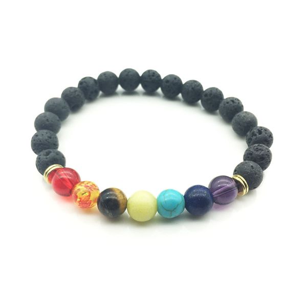 

mala bracelet black lava stone 2 styles bracelets 7 chakra healing stretch balance beads bracelet for men women valentine's gift d128s, Golden;silver