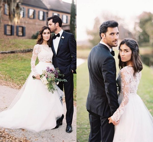 

romantic lace long sleeves two piece wedding dresses boho country garden bridal dresses sweep train a-line wedding gowns, White