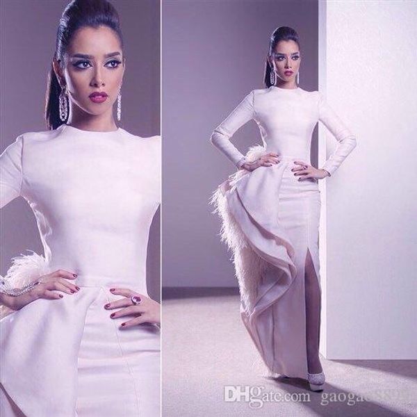 

ashi studio white feather long mermaid split evening dresses high neck long sleeves luxury muslim arabic occasion prom gowns cheap, Black;red