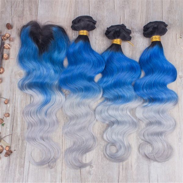 

middle 3 part closure with bundles 1b blue grey ombre body wave malaysian three tone virgin human hair extensions with lace closure, Black;brown