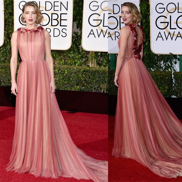 Elegante rosa Tüll-Abschlussballkleider in A-Linie, rückenfrei, Amber Heard, Golden Globe Awards, Promi-formelle Partykleider, 3D-Blumen-Applikationen