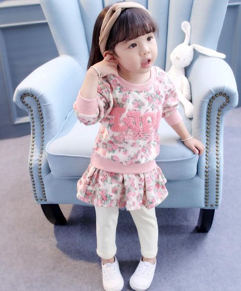 

girl autumn pink floral print set baby long sleeve clothes suit kids autumn winter clothing two pieces christmas clothes ry 004, White