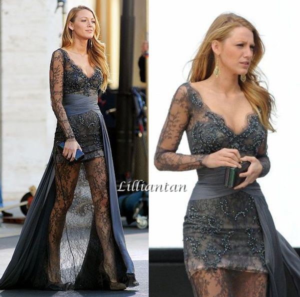 

beaded lace long sleeve prom dresses deep v-neck illusion celebrity evening dresses dark gray overskirt party gowns fashion, Black;red