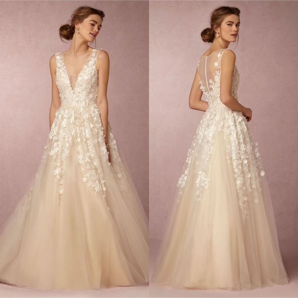 

романтические a-line цветочные свадебные платья глубокий v-образным вырезом без рукавов тюль длина пола свадебные платья noiva свадебные пла, White