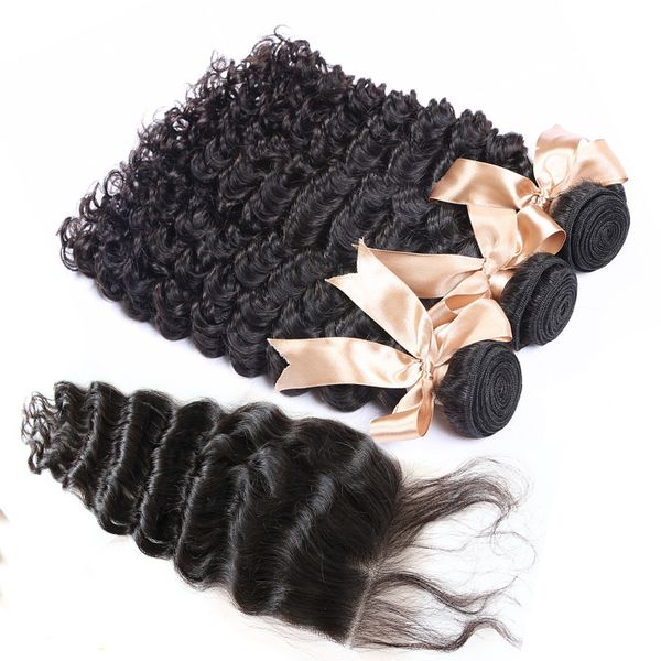 

пучки волос с закрытием бразильский наращивание волосвиргинские глубокая волна натуральный цвет волнистые уток человеческих волос бесплатная, Black