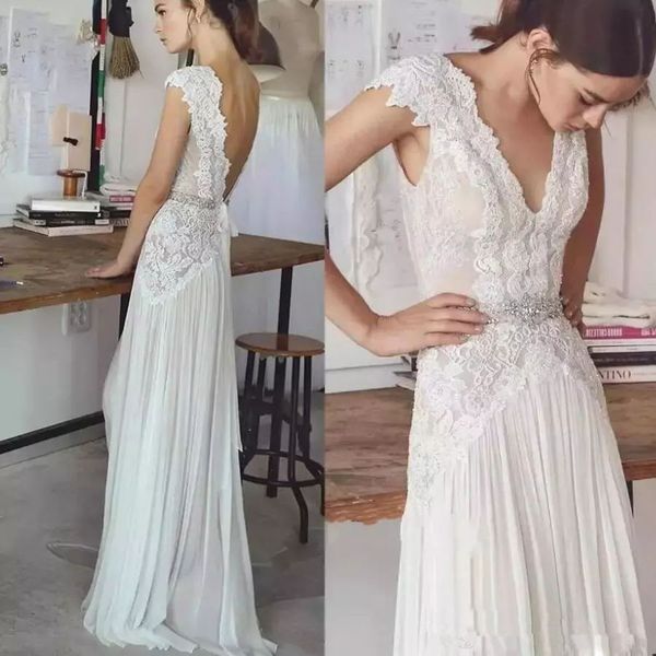 

bohemia long lace wedding dresses with sash backless beach wedding gown deep v neck floor length bridal dresses vestidos, White