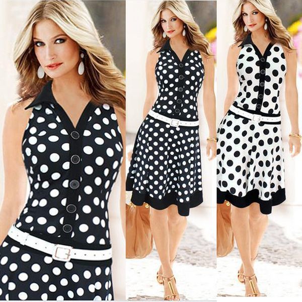 

2015 women's single-breasted polka dots pleated dress (2 colors) ing, Black;gray