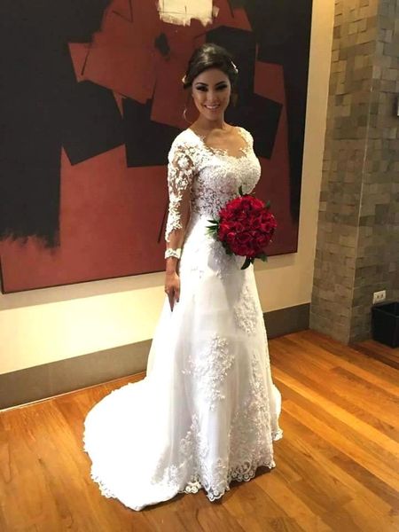 

с длинным рукавом свадебные платья ручной работы аппликации кружева длина линии пола старинные дизайн свадебные платья нестандартного размер, White