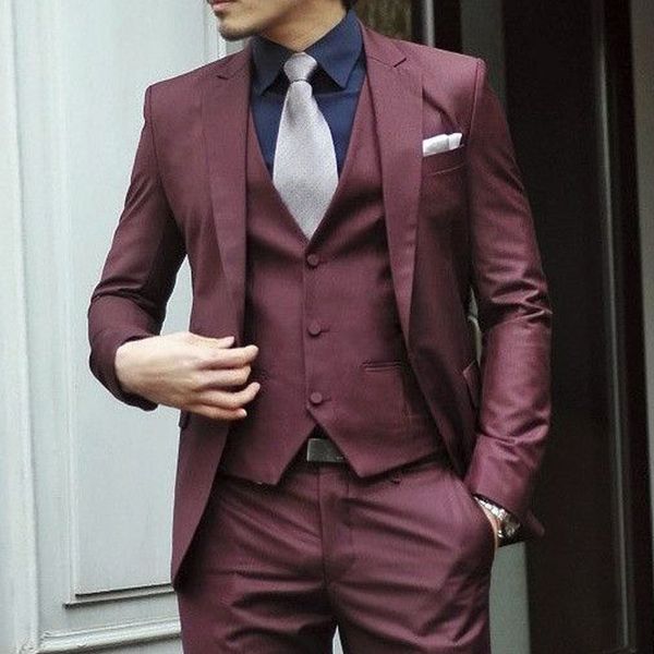 

burgundy wedding groom tuxedos 2018 three piece notched lapel trim fit business party men suits jacket pants vest, Black;gray