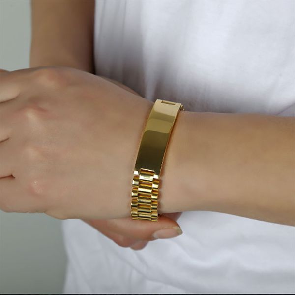 

cool mens 15mm 21cm watch band bracelet gold plated 316l stainless steel strap solid links cuff bangles jewelry gift, Bronze;slivery