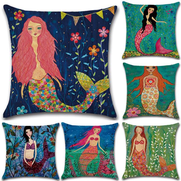 

mermaid printed pillow case 45*45cm linen vintage cartoon colorful square cushion cover home sofa pillowcase ia1002