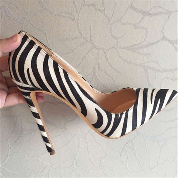 Rahat Tasarımcı Seksi Lady Moda Kadın Ayakkabı Zebra Şerit At Saç Hintyi Toe Stiletto Stripper Yüksek Topuklu Balo Akşam Pompaları Büyük Boy 44 12 cm Pompalar