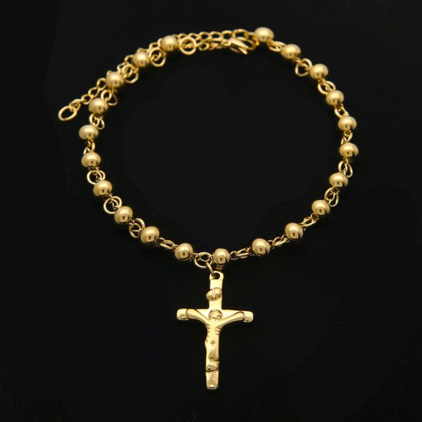 Bracciale religioso in acciaio inossidabile placcato oro 6mm / 8mm con perline rosario con ciondolo croce per uomo donna 8.26