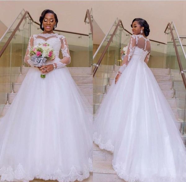 2019 New Nigerian A Line Abito da sposa Sheer Neck a maniche lunghe in pizzo Applique Abito da sposa Custom Made Plus Size