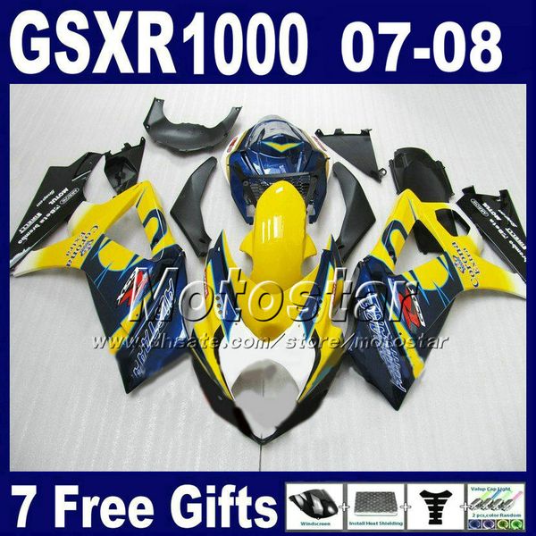 Frete Grátis Kit de Feira para 07 08 GSXR 1000 Suzuki GSXR1000 2007 GSX-R1000 2008 Azul Amarelo Corona Body Fairs K7 FD26 + Assento Cowl