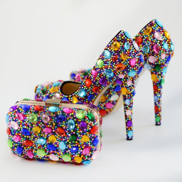 

colorful rhinestone wedding bridal shoes with clutch women party prom high heel shoes with matching bag plus size 45, Black