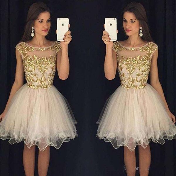 

2021 party dresses with cap sleeves knee length homecoming dresses sheer scoop short prom dresses with gold embellishment, Black