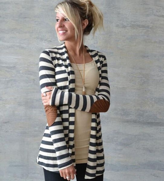 

Autumn Striped Women Cardigan Long Sleeve elbow patchwork knitted stripes Cotton cardigan Thin Jumper Long women Tops