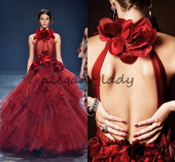 

Fashion Marchesa Burgundy Evening Dresses 2018 High Neck 3D-Flower Decorated Tiered Ruffles Ball Gown Prom Dresses Formal Party Gowns
