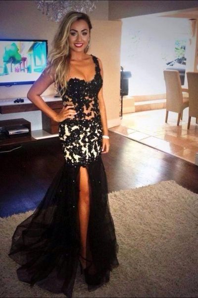 

гламурный 2015 выпускного вечера платья одно плечо черный бисером кружева русалка сторона щели тюль развертки поезд 2014 вечернее платье, Black