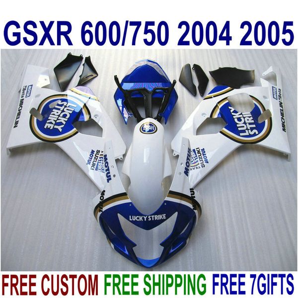 Set carrozzeria di alta qualità per carenature SUZUKI GSXR600 GSXR750 04 05 K4 GSX-R600/750 2004 2005 kit carenatura LUCKY STRIKE bianco blu QE36