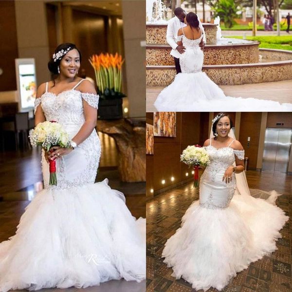 

african plus size mermaid off-shoulder wedding dresses sparkly crystal cathedral train arabic dubai bridal wedding gowns, White
