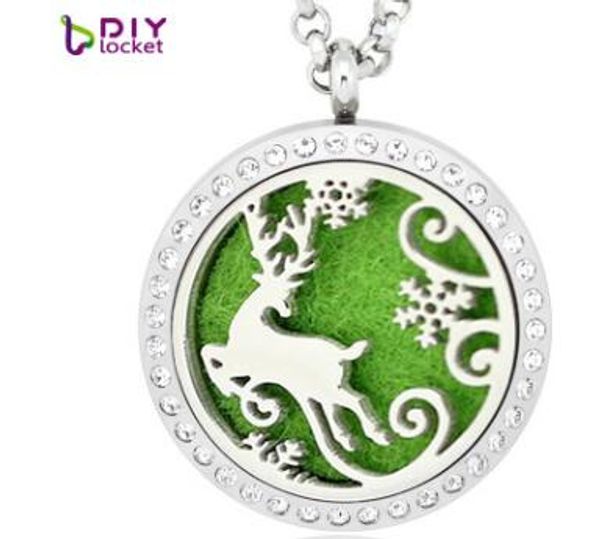 

new fashion essential oil hollow christmas deer 30mm round glossy 316l stainless steel perfume pendant fit necklace without chain, Silver