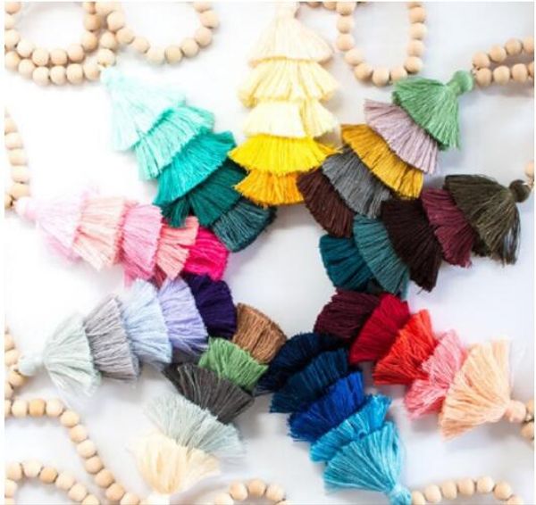 

christmas gift 10mm round natural wood beaded chain cotton layered tassel pendant long chain tiered threaded tassel necklace, Silver