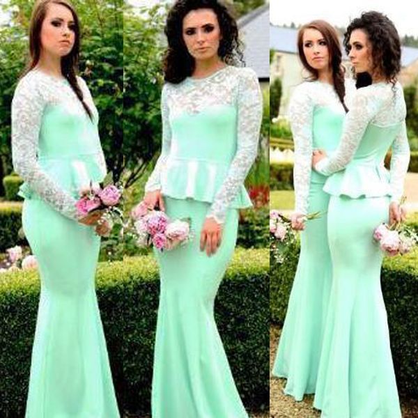 

2017 mint green chiffon mermaid bridesmaid dresses long crew illusion long sleeve with peplum maid of honor gowns custom made en11219, White;pink