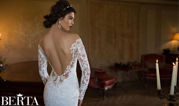 2020 Abiti da sposa Berta Collo trasparente Abiti da sposa in pizzo vintage Maniche lunghe Abito da sposa sexy senza schienale a tromba213B