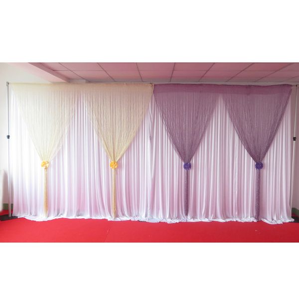 Novo design de cortina: 3m W * 2.8m H ouro/lilás linha borla cortina de fundo de casamento com frete grátis