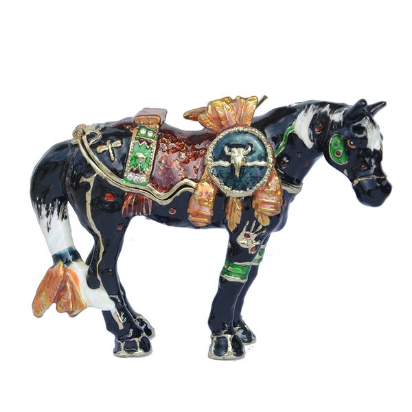 

decorative war horse crystal jewelry box decorative rhinestone trinket box collectible pewter metal horse statues figurines, Black;white
