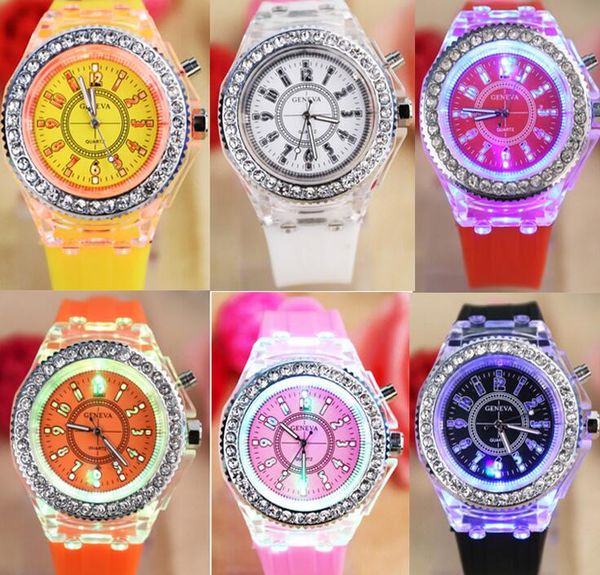 

women men watch geneva diamond crystal led light silicone jelly candy clock flash up colorful rainbow backlight quartz watches, Slivery;brown