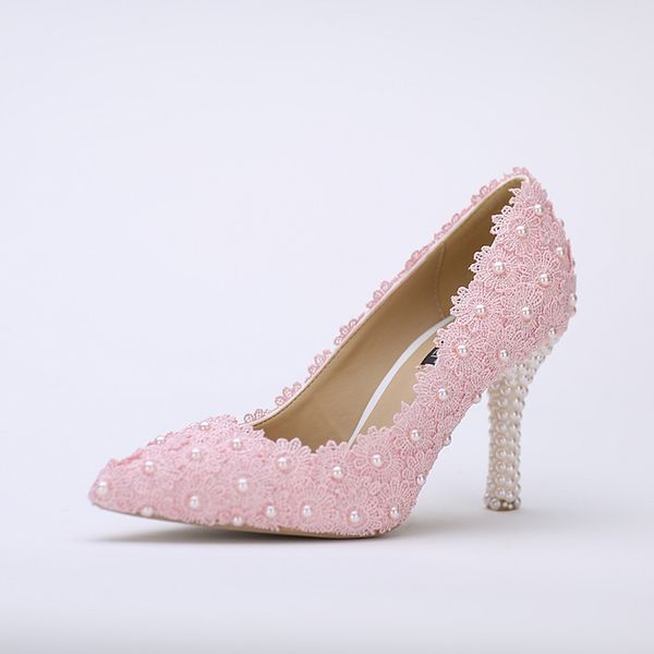 Pointed Toe Wedding Shoes Pink Lace Flower With Ivory Pearl Heel