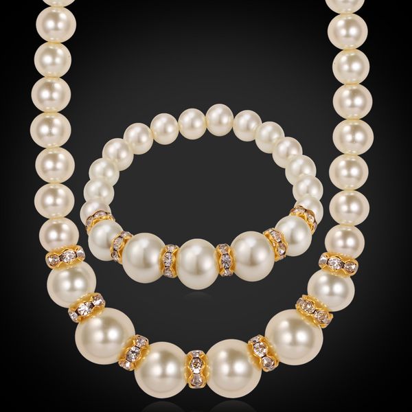 

women's pearl necklace 18k real gold plated pearl jewelry set rhinestone crystal luxury beaded bracelet set, Silver