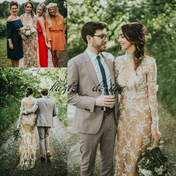 

champagne and white country boho wedding dresses 2018 modest retro long sleeve high neck garden cowgirl bridal wedding dress cheap