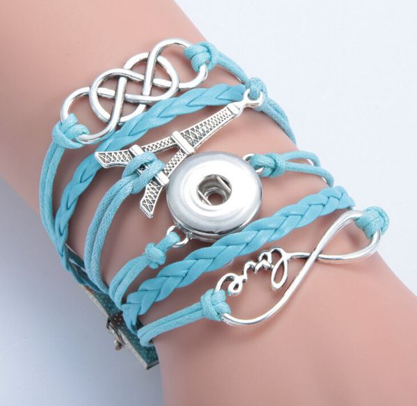 

3pcs/lot blue infinity hope iron tower noosa button bracelet alloy pu leater woven handmade snap button bracelet diy jelwery for 18mm, Golden;silver
