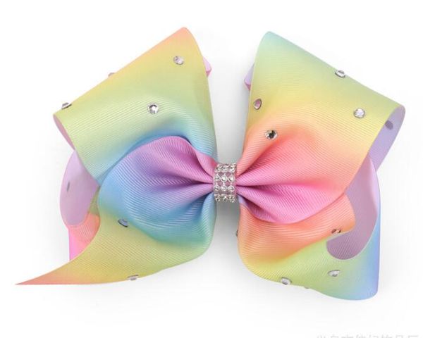 20 Stück 18 cm Mode große Ombre Signatur Regenbogen Band Haarbögen Clips mit Rhintesones Boutique große Bögen für Mädchen Party HD3489