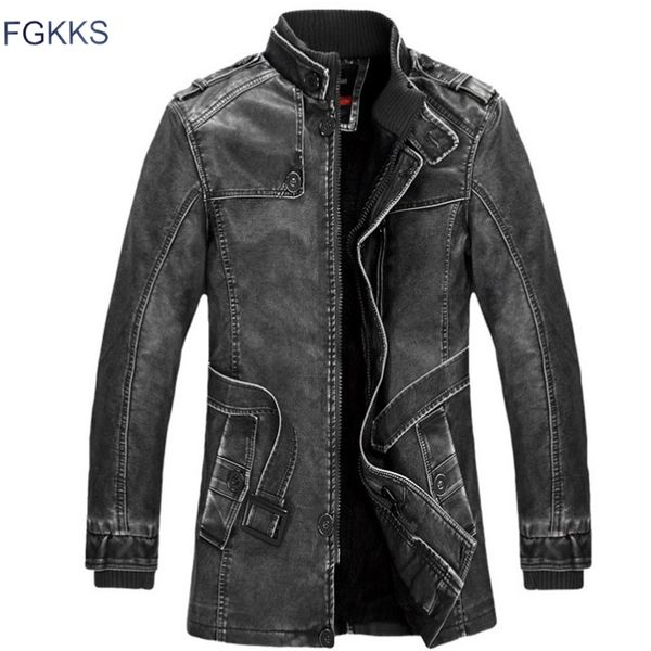 

wholesale- fgkks winter leather jacket 2017 men's casual fashion jackets lapel black and brown zipper faux fur men coat