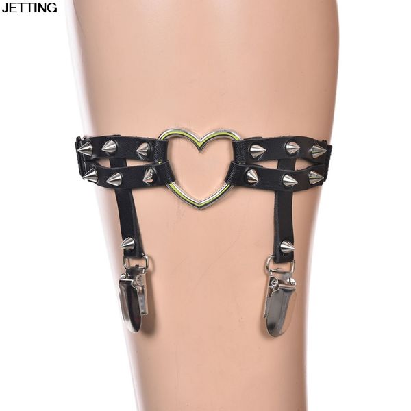 

wholesale-2017 harajuku women punk leg ring thigh harness heart garter rock pub girl garter belt rivets adjustable size for women, Black;white