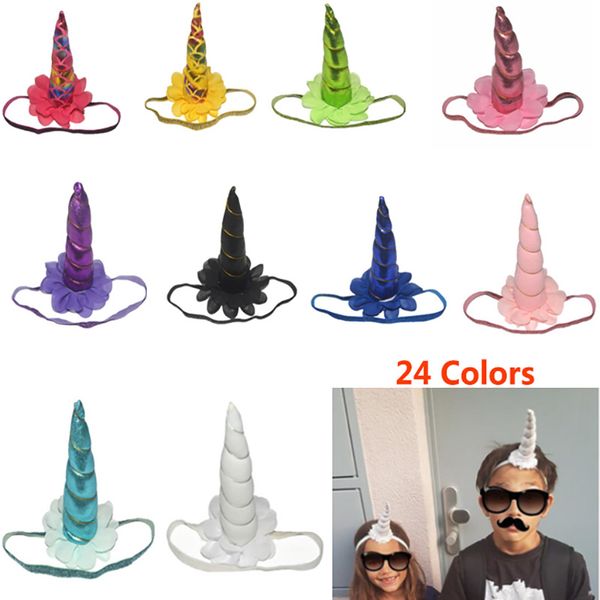 

дети unicorn horn стяжка девушка шифон цветы твердых упругие hairband для детей подарка на день рождения unicorn волос партия accessoire hh7, Slivery;white