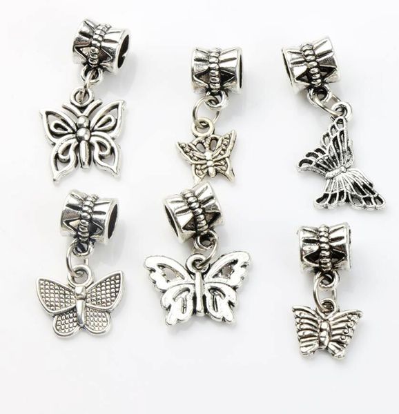 

butterfly dangle big hole beads 100pcs/lot 6styles tibetan silver fit european charm bracelet diy metals loose bead, Black